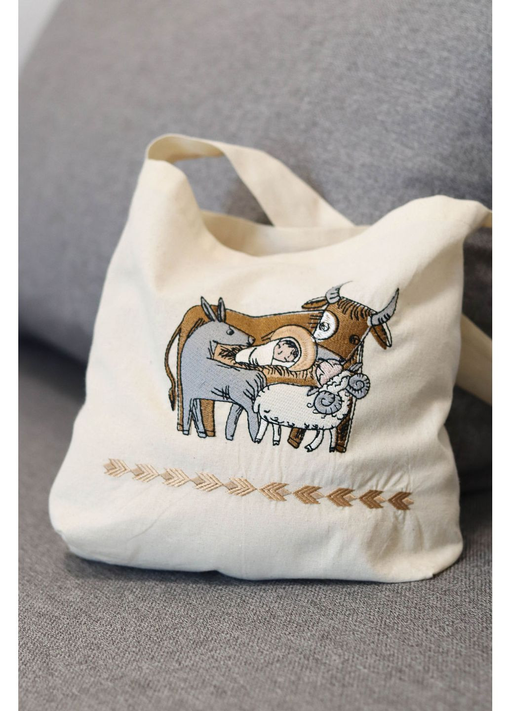 Екосумка дитяча з вишивкою (Вертеп / Різдвяна тематика) / Для посівальника / 100% бавовна, бежева, з кишенею Piccolo (369422179)