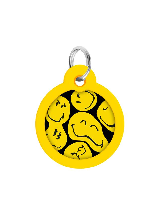 Адресник для собак і котів металевий Smart ID c QR паспортом, малюнок «Смайли на чорному», коло, Д 30 мм WAUDOG (330245329)