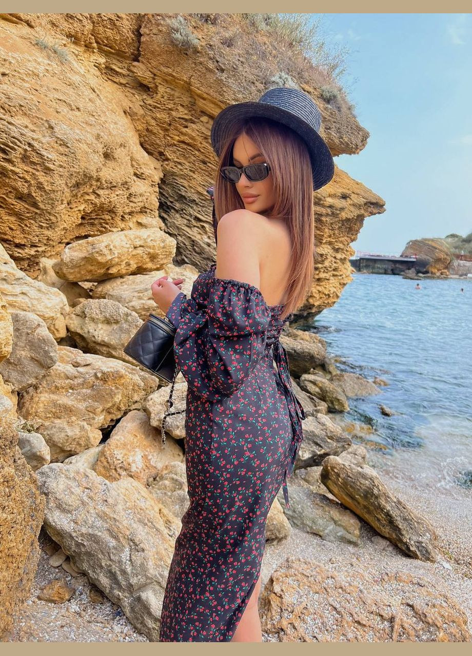 Чорна повсякденний, вечірня, кежуал жіноча сукня силуетна FINO Mode з квітковим принтом