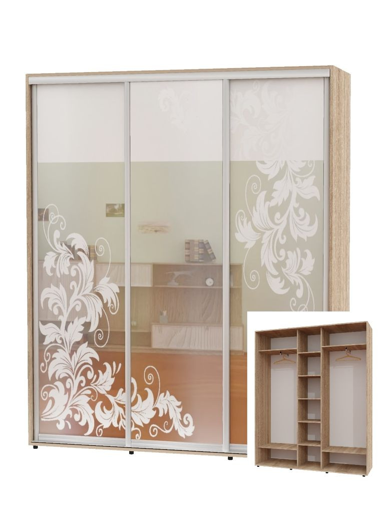 Шафа-купе тридверна 200*45*230 Дуб Сонома Дзеркало з піскострумним малюнком ШК-04 Алекса (360443896)