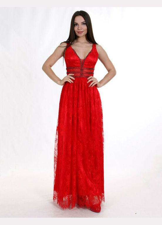 Красное вечернее женское дизайнерское платье длинное в пол красное с кружевами шантильи mkeng2086-2 Modna KAZKA