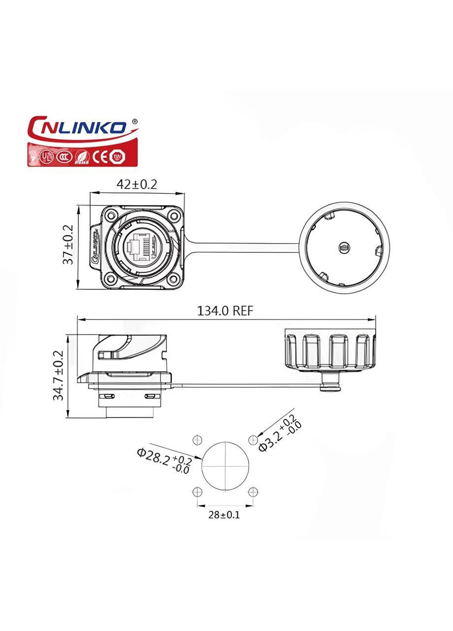 Панельная герметичная розетка RJ-45, YM-24-J/RJ45/213/SX-42-401, IP67, 8 pin Cnlinko (317253241)