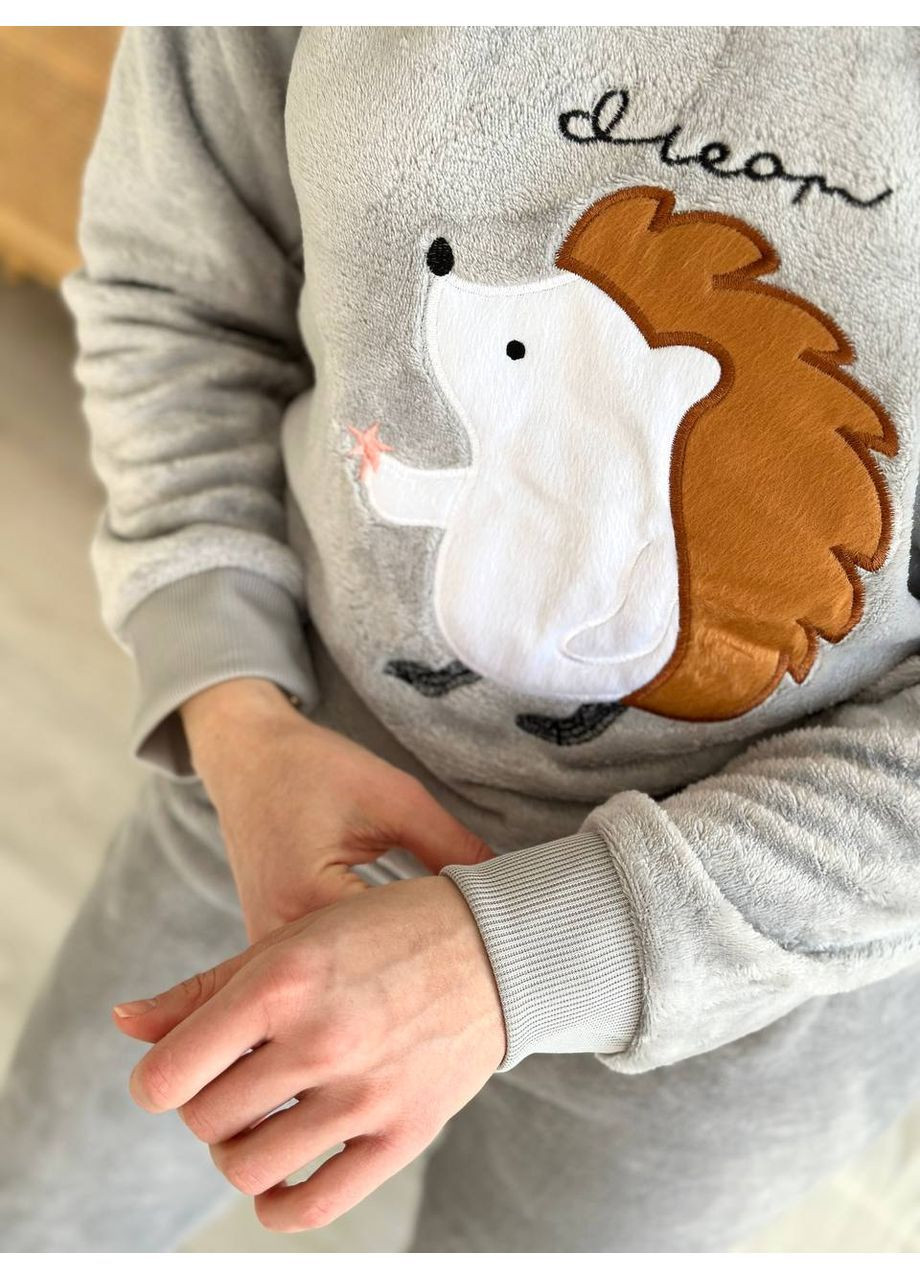 Серая всесезон пижама женская теплая домашний костюм кофта + брюки No Brand