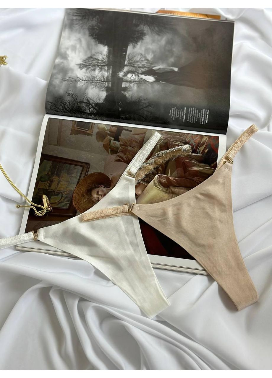 Сет жіночих сатинових трусиків-стрінгів білий/бежевий. Комплект жіночої спідньої білизни з двох атласних стрінгів. No Brand (365550144)
