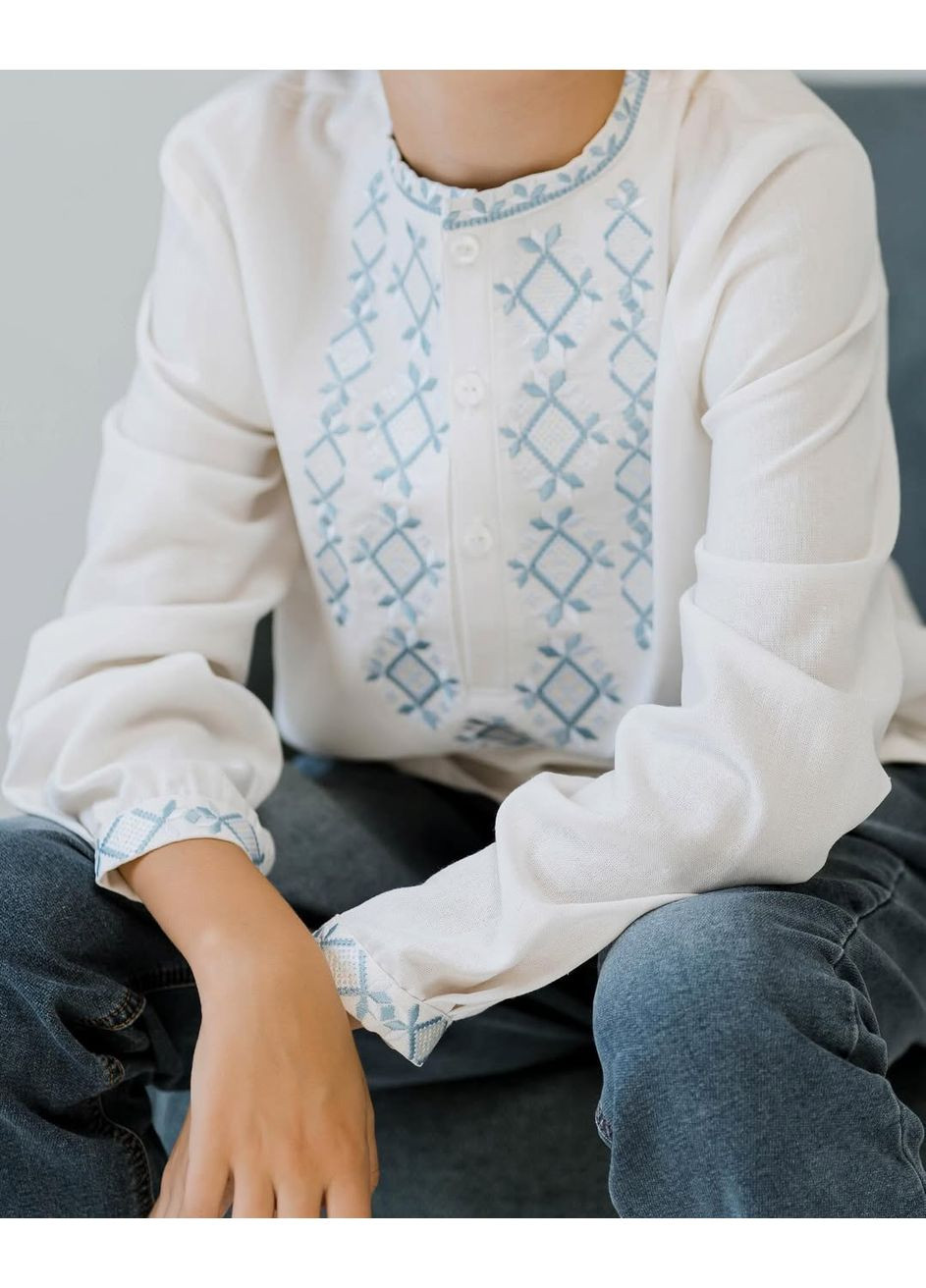 Біла вишиванка для хлопчика київщина з блакитною вишивкою Kashtanchik льон (366213526)