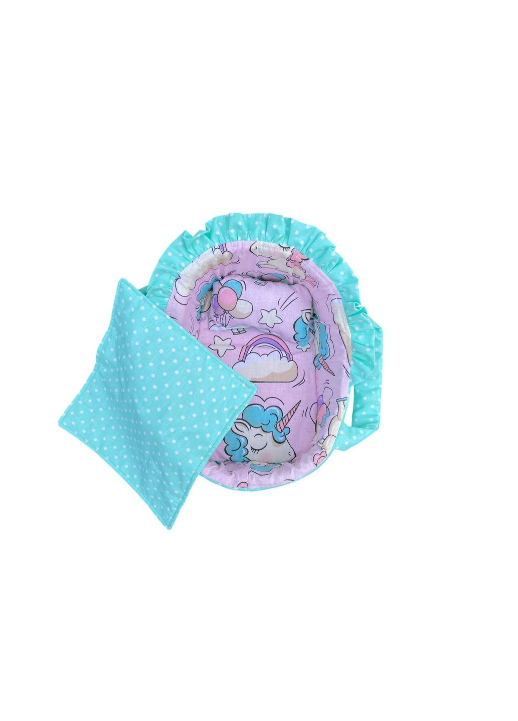 Колиска для ляльки до 22 см м'ятна с рожевими одноріжками 403 No Brand колиска ліжечко переноска (347637759)