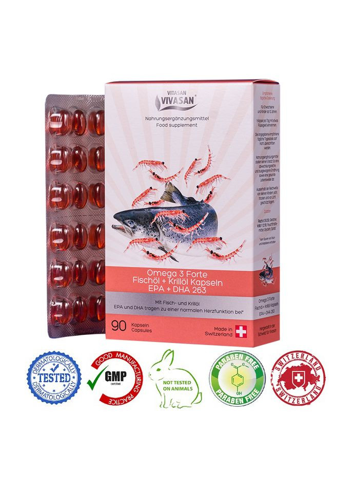 Натуральні швейцарські капсули Омега3 Форте. Риб'ячий жир та олія криля EPA + DHA263 Original 585мг 90 капсул GMP Sert Vivasan (273255341)