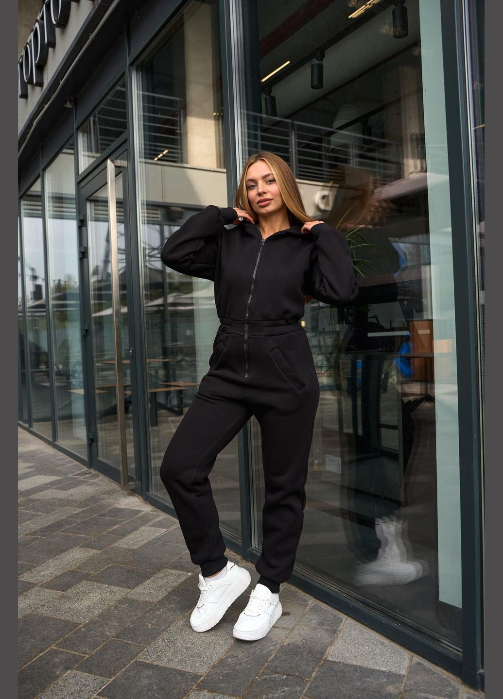 Стильний молодіжний комбінезон з вушками No Brand комбінезон-брюки чорний спортивний, повсякденний, кежуал фліс, тринитка