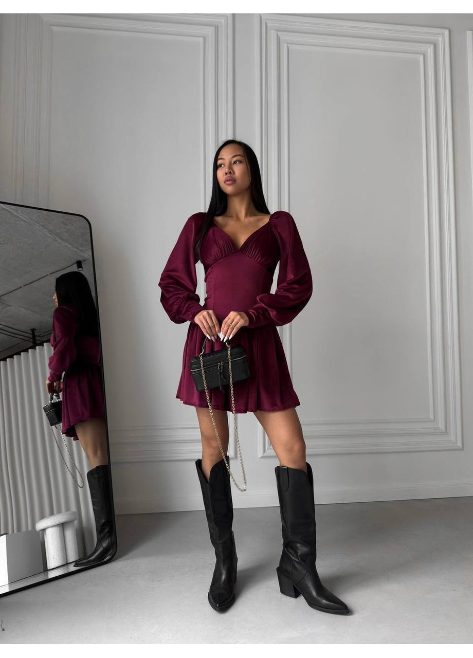 Жіноча сукня комбінезон з довгим рукавом та пишною спідницею Україна комбінезон-шорти однотонний бордовий кежуал трикотаж