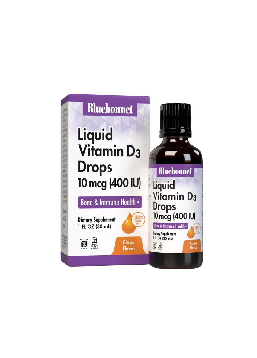 Жидкий Витамин D3 400IU, Вкус апельсина, 30мл капли Bluebonnet Nutrition (315146129)