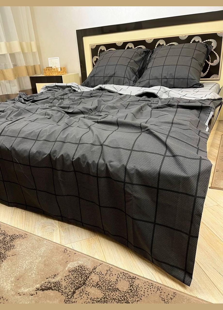 Постельное белье хлопковое в Клетку Двуспальное Простынь на резинке 160x200х20 Бязь Серое 70 х 70 No Brand (278272069)