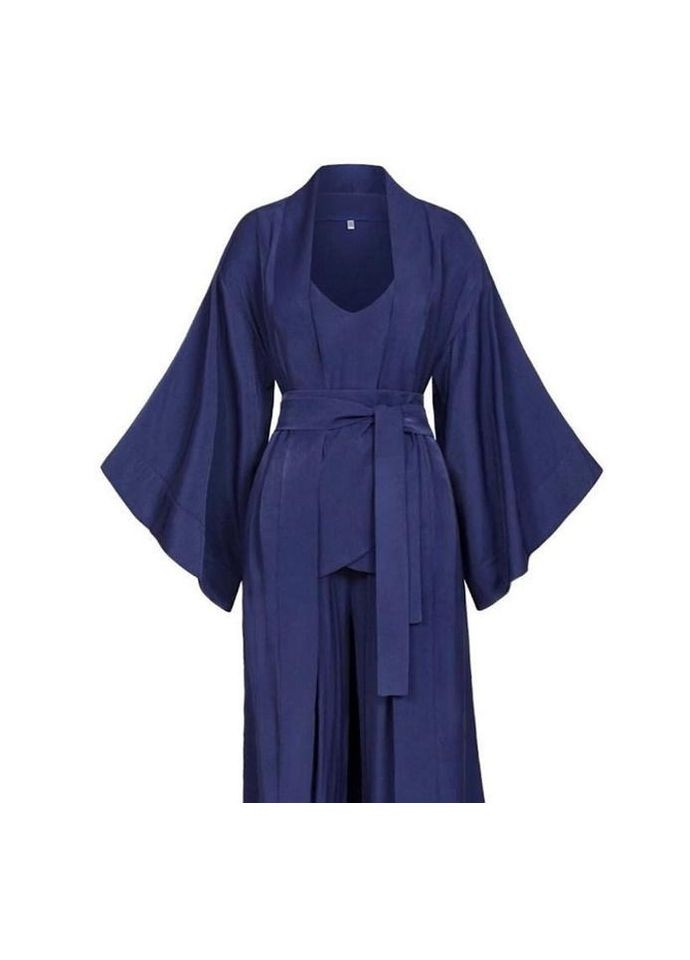 Комплект женский тройка - кимоно под пояс, топ на широких бретелях и свободные брюки Темно-синий Черника Garna (289362487)