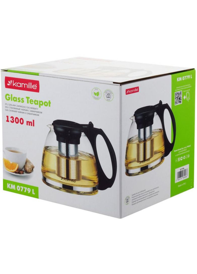 Чайник стеклянный заварочный 1300мл с металлическим ситечком для чая и трав кувшин для напитков Kamille (368980602)
