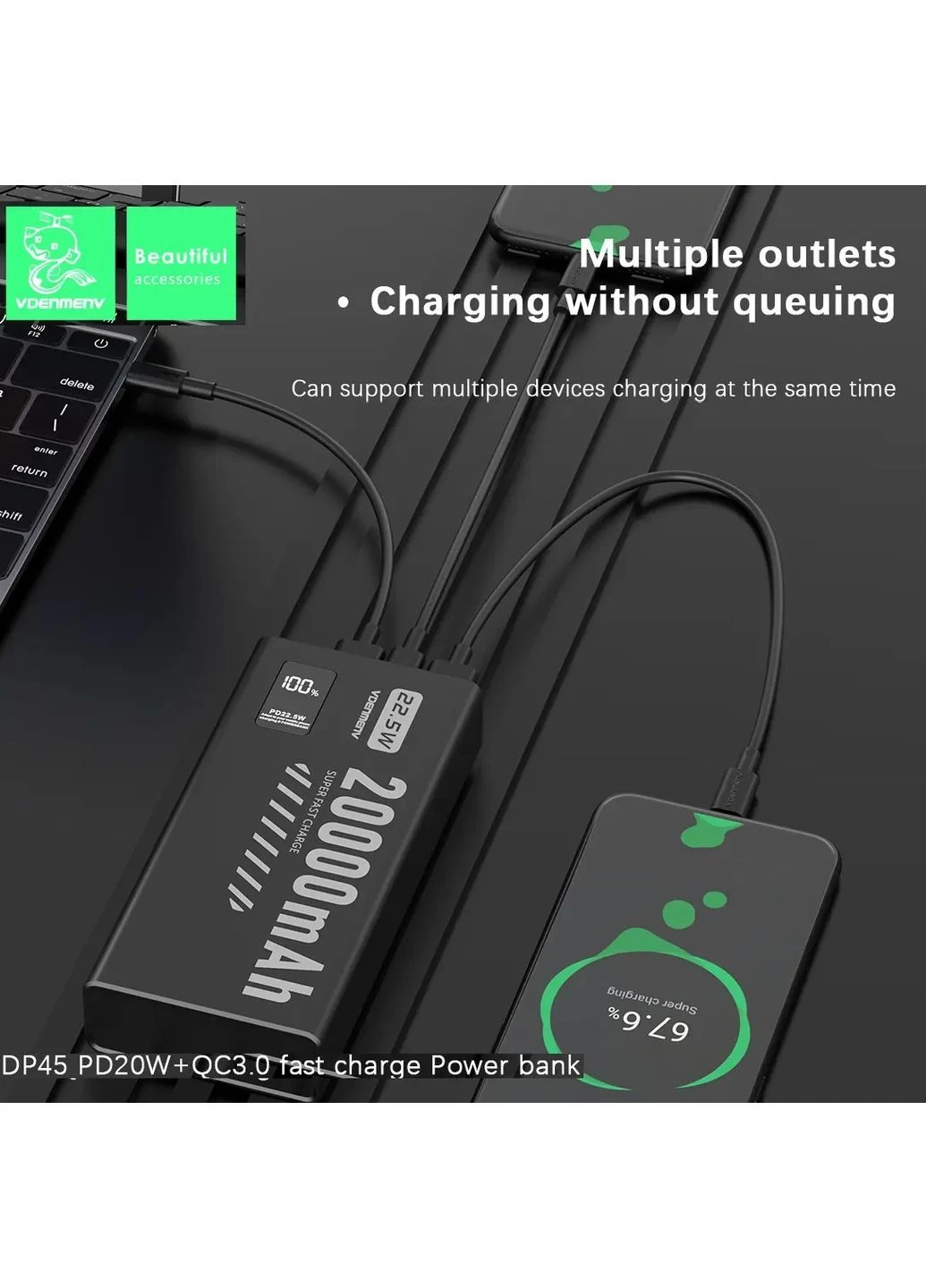 Павербанк DP45 20000 мАг 22.5W Fast Charge з LED дисплеєм, 3 виходи, швидка зарядка PD/QC, чорний Denmen (388231723)