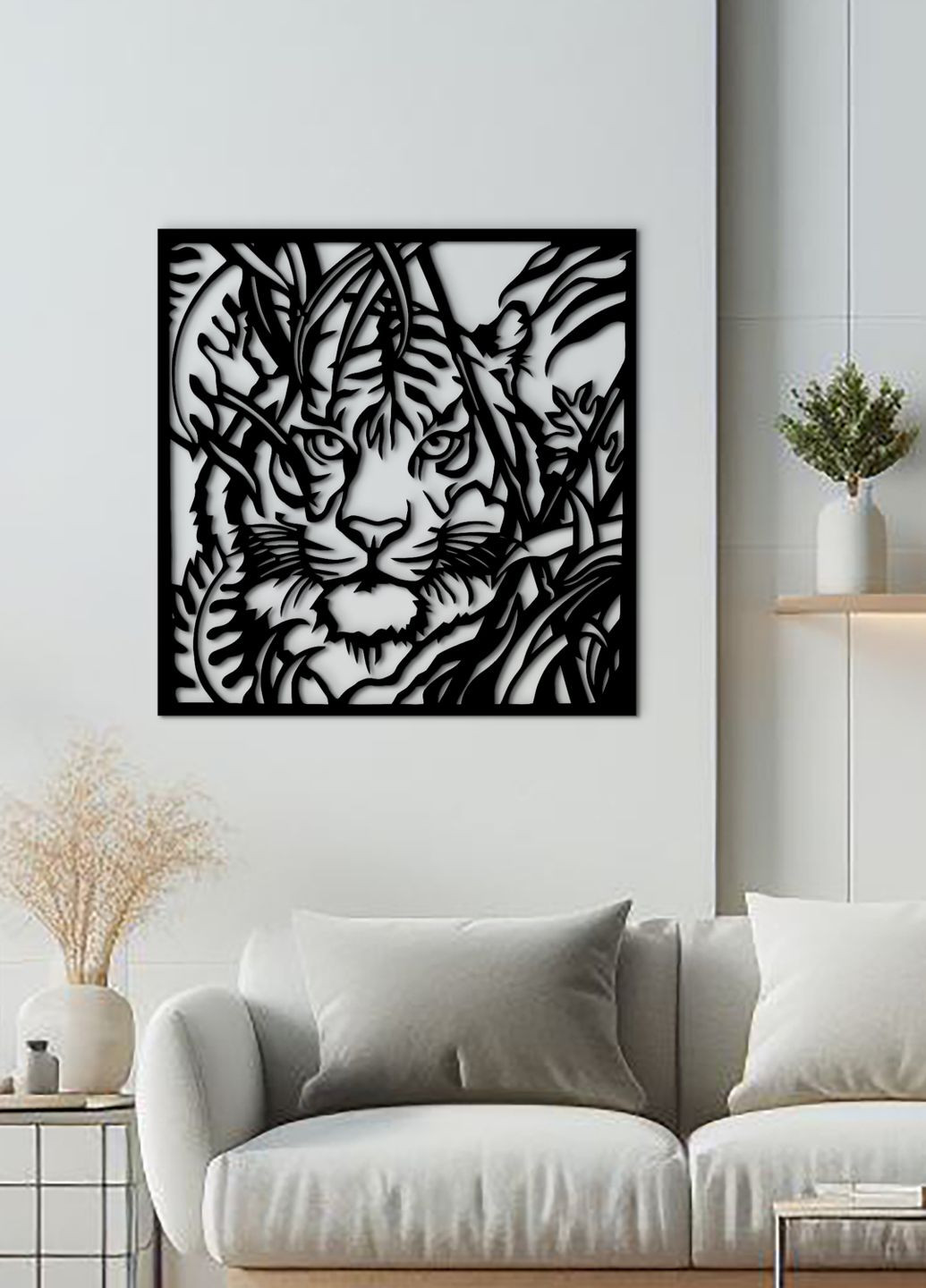 Дерев'яний декор для дому, сучасна картина на стіну "Полювання тигра", оригінальний подарунок 30х30 см Woodyard (292113416)