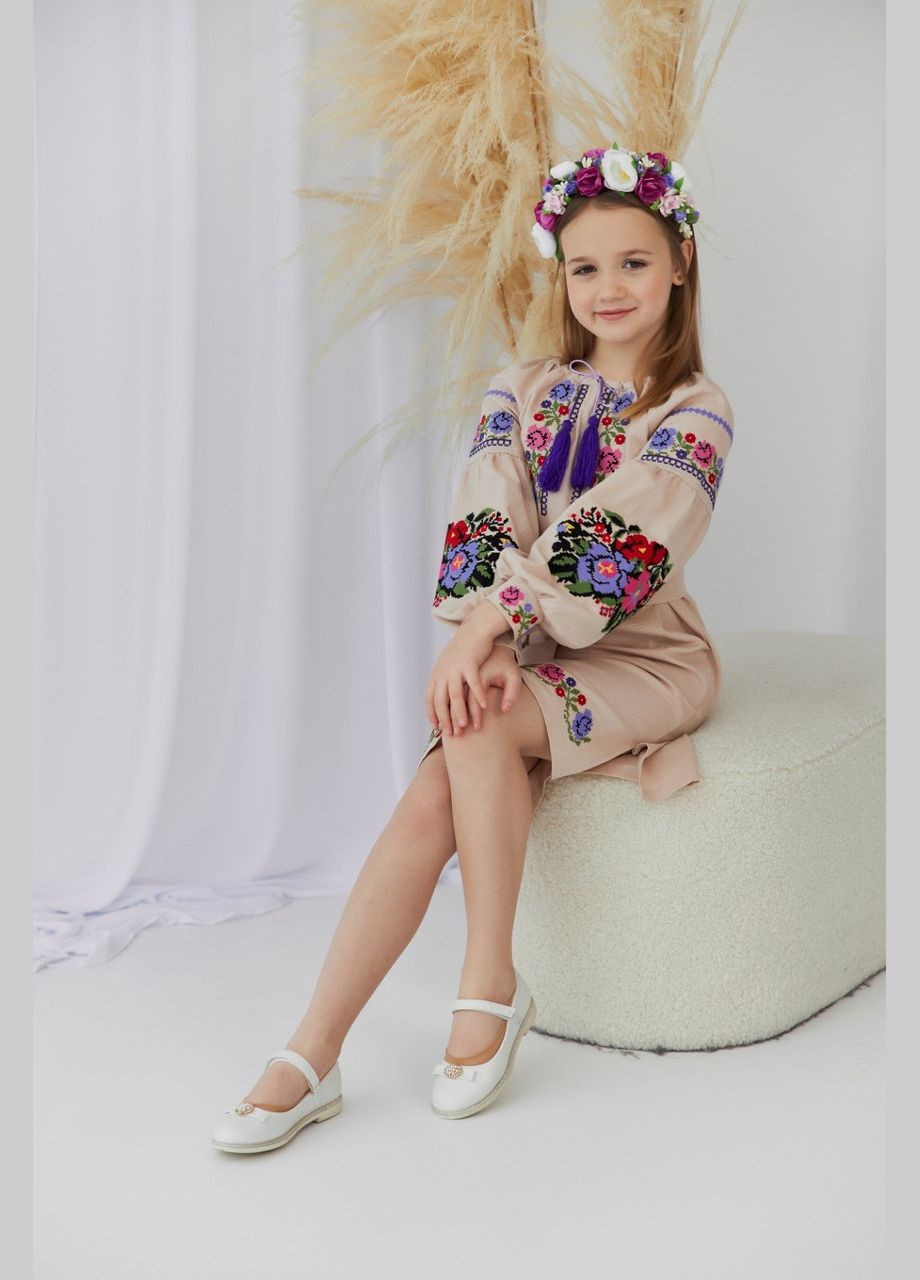Бежевая платье вышиванка для девочки традиционное лен, платье с вышивкой для девочки, (341327523)