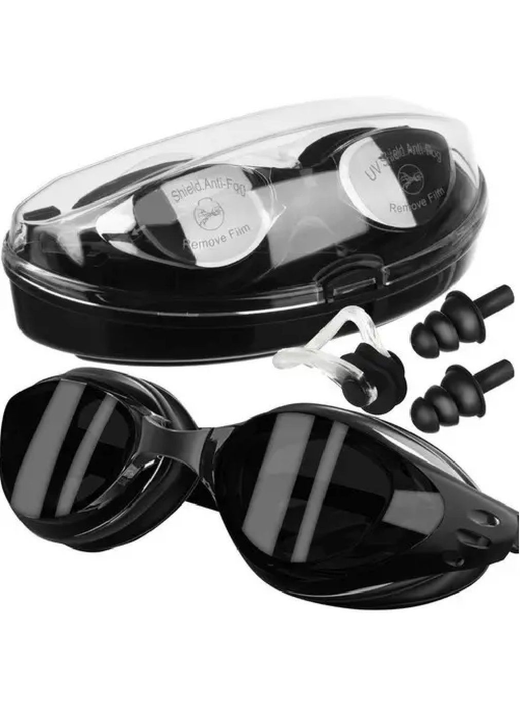 Набір комплект окуляри для плавання з покриттям антифог носовою пробкою берушами чохлом для перенесення (479759-Prob) Чорний Unbranded (323442048)