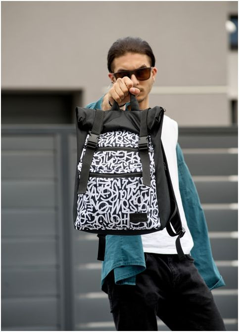 Рюкзак мужской из экокожи RollTop One с принтом Graphity Черный Sambag (301871735)