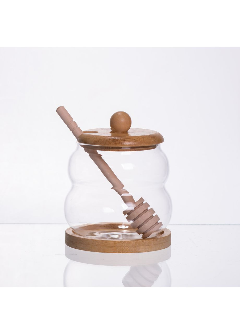 Скляна медовниця з бамбуковою підставкою та ложкою 350 мл 64486-8 (A-047590) Yiwu (370381817)