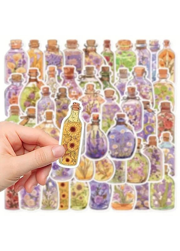 Наклейки стикеры, набор наклейок 50 штук, наклейки стикеры для скрапбукинга, блокнотов, телефона и прочего, Цветочные Бутылочки No Brand (370290267)