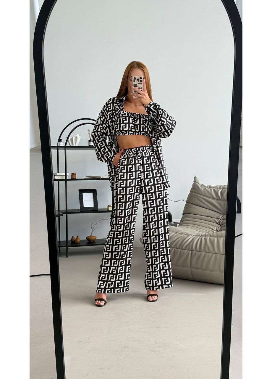 Чорно-біла жіноча шовкова піжама трійка Osoblyva