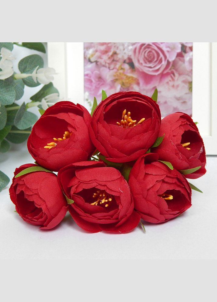 Искусственные цветы Пионы с тычинками, букетик, красные, 6 шт No Brand (340483968)