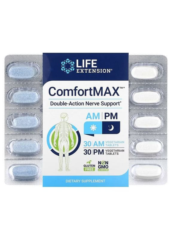 Комфорт макс, ComfortMax,, подвійна дія для підтримки нервової системи, для ранку та вечора, 60 вегетаріанських таблеток Life Extension (362371540)