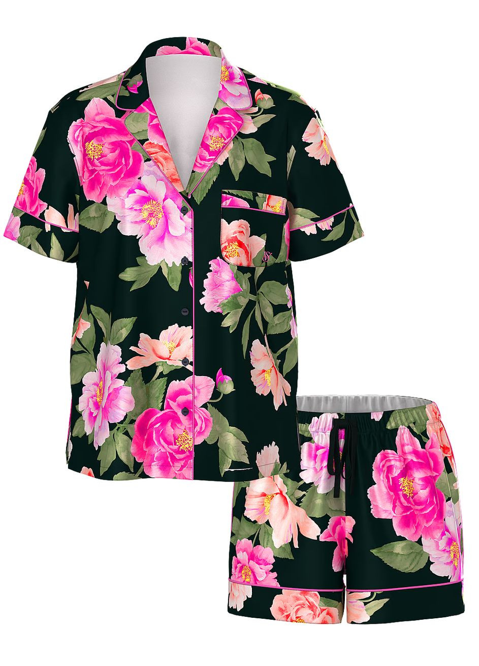 Черная всесезон пижама женская glazed satin short pajama set сатиновая черный в цветы рубашка + шорты Victoria's Secret