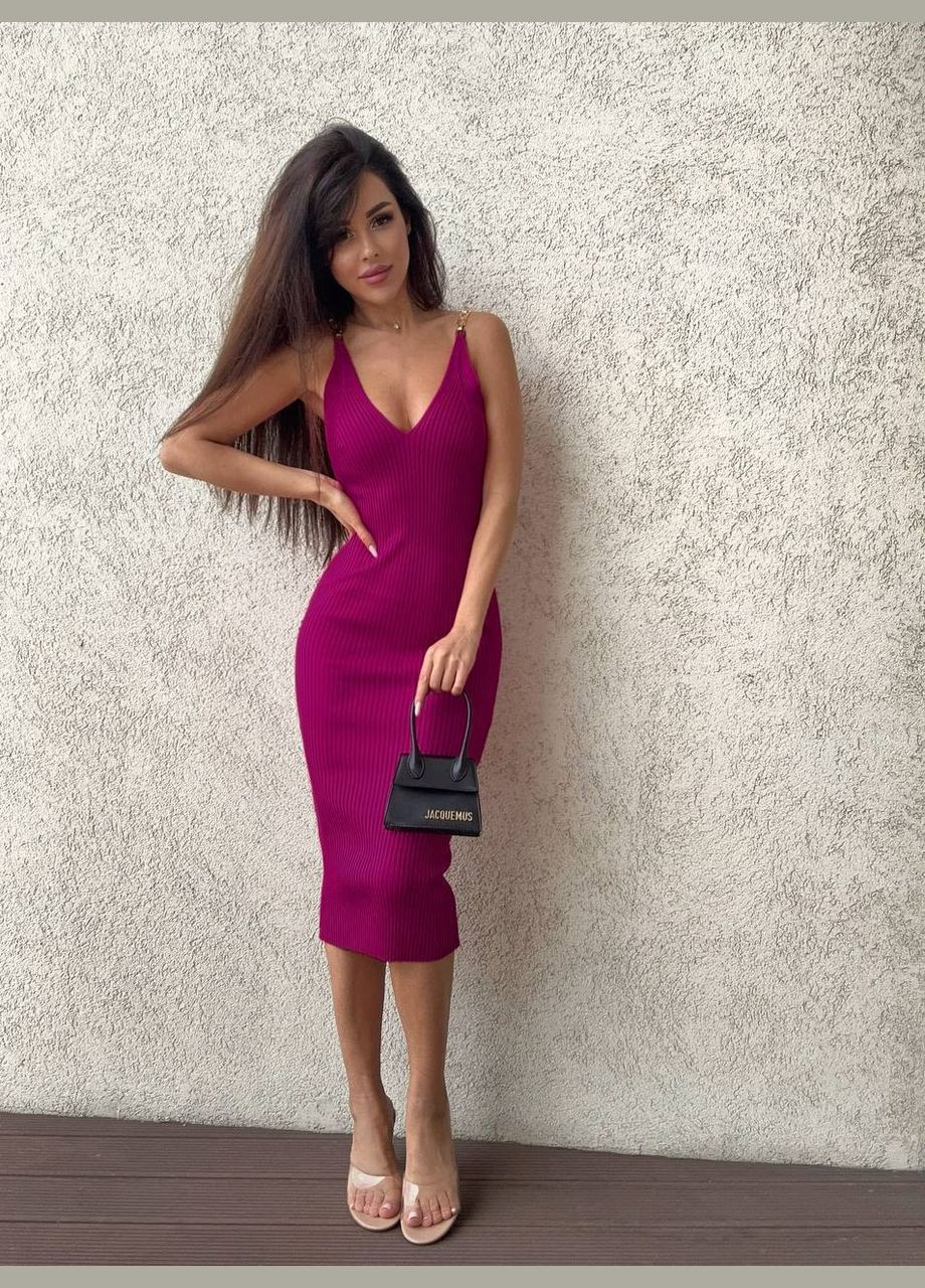 Фуксинова (кольору Фукія) святковий, вечірня, кежуал елегантна сукня в рубчик з бретелями-ланцюжками Vakko однотонна