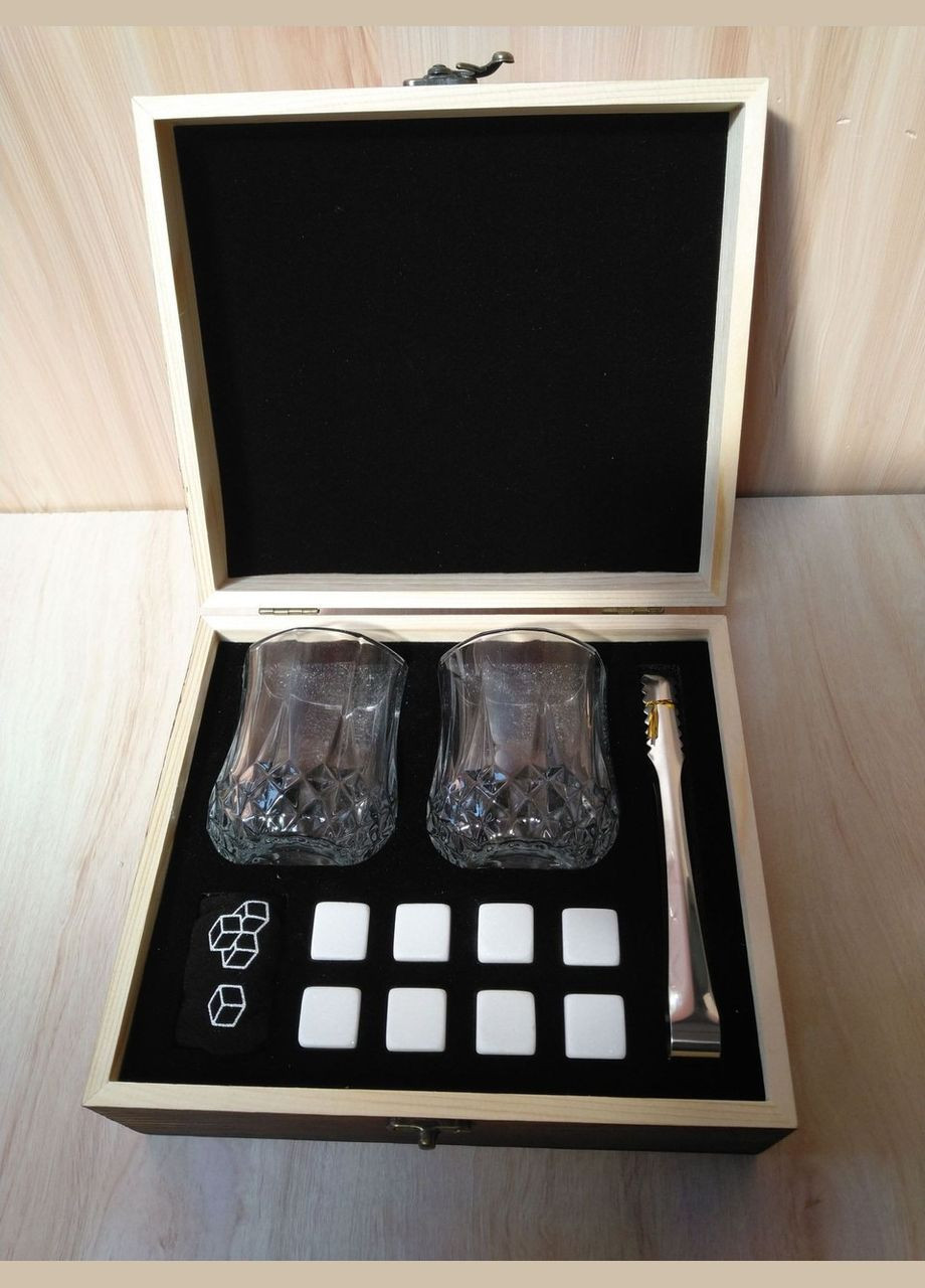 Набір для віскі з білим камінням в дерев'яному ящику з келихами. No Brand (336186511)