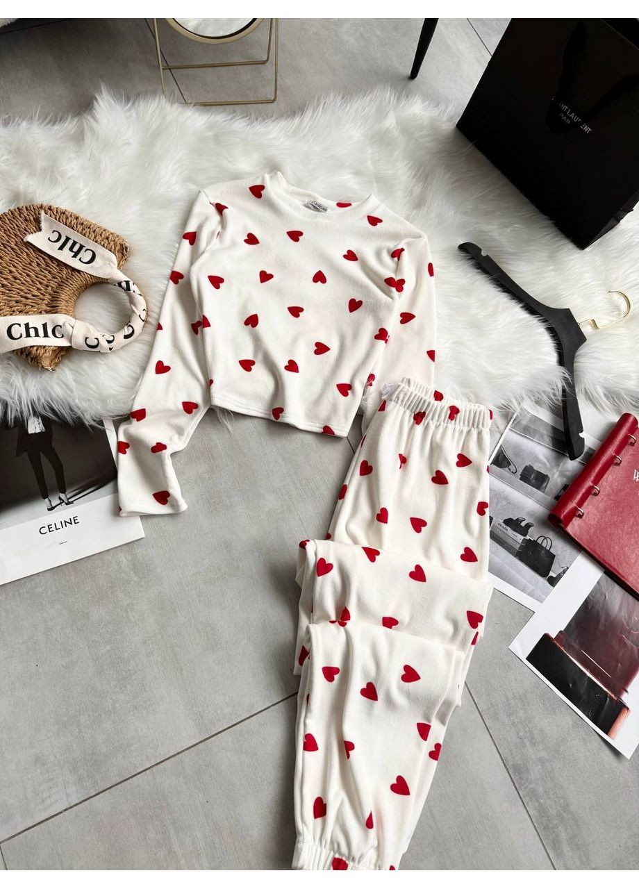 Молочная зимняя пижама женская топ + брюки Гермес