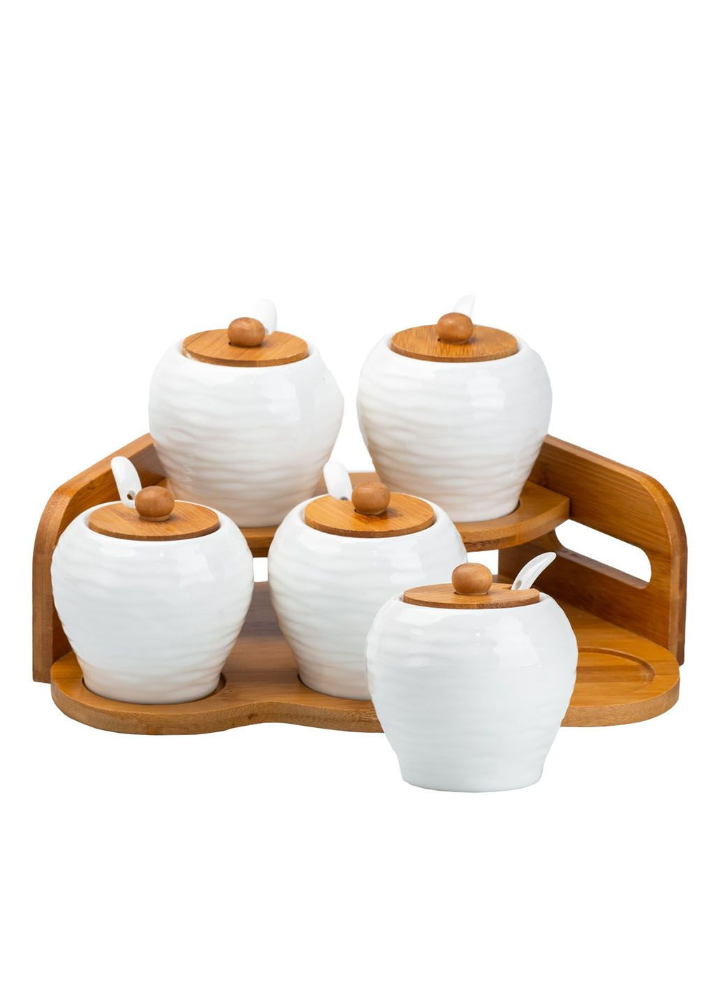 Набір керамічних банок на підставці Set of 4 Cruets для сипучих продуктів з кришками та ложками 6 предметів Idea (296119797)