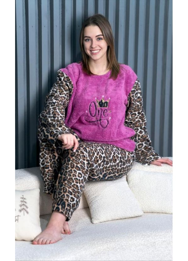 Комбинированная зимняя пижама батальная женская теплая флисовая, турция кофта + брюки BaRay