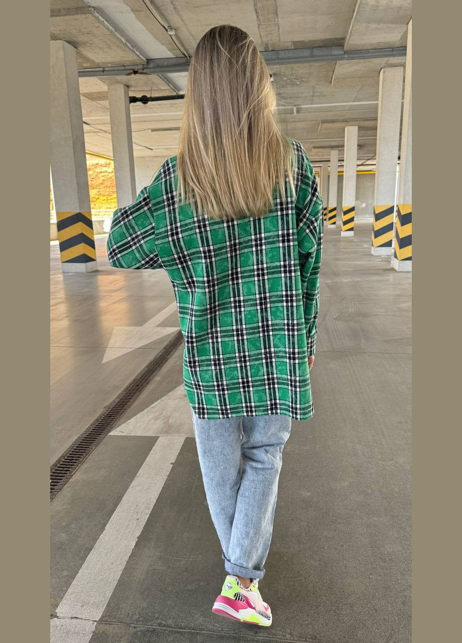 Зеленая спортивная, домашний, повседневный, кэжуал, джинсовая рубашка в клетку No Brand с длинным рукавом