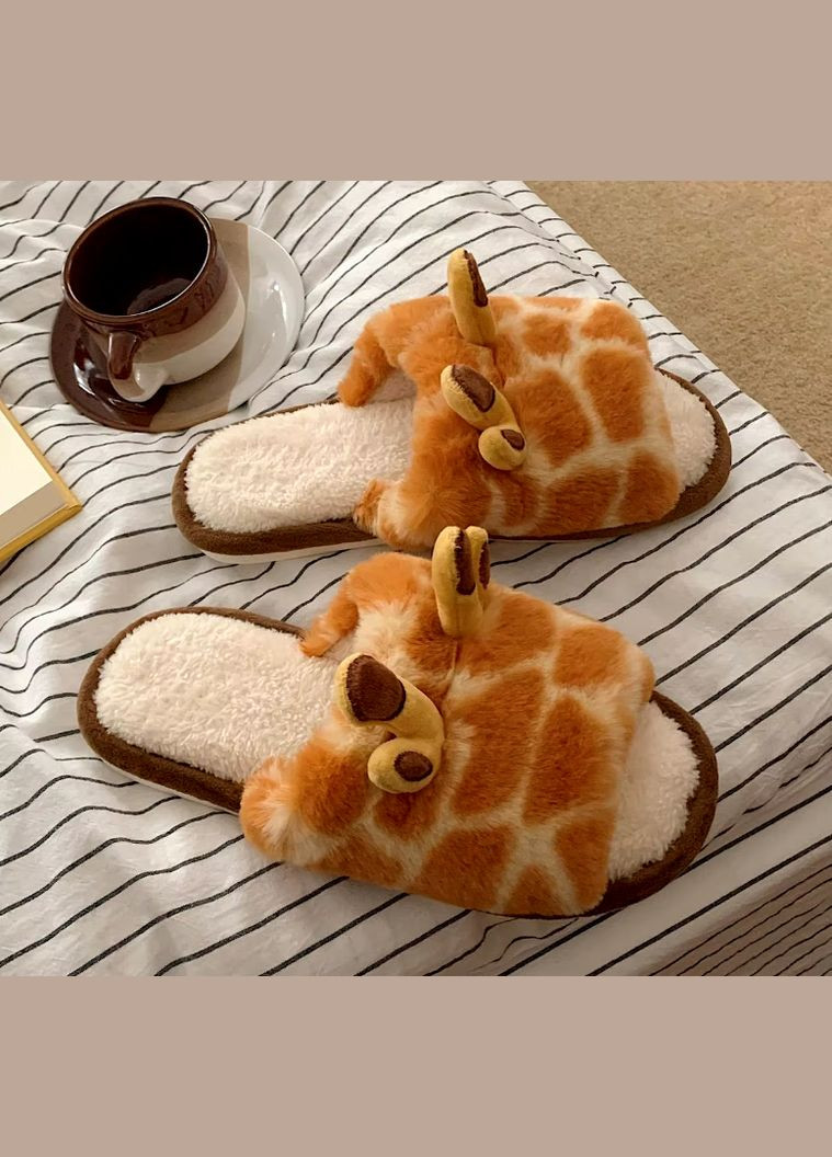 Желтые тапочки шлепанцы домашние женские пушистые в виде жирафа.37-40р No Brand