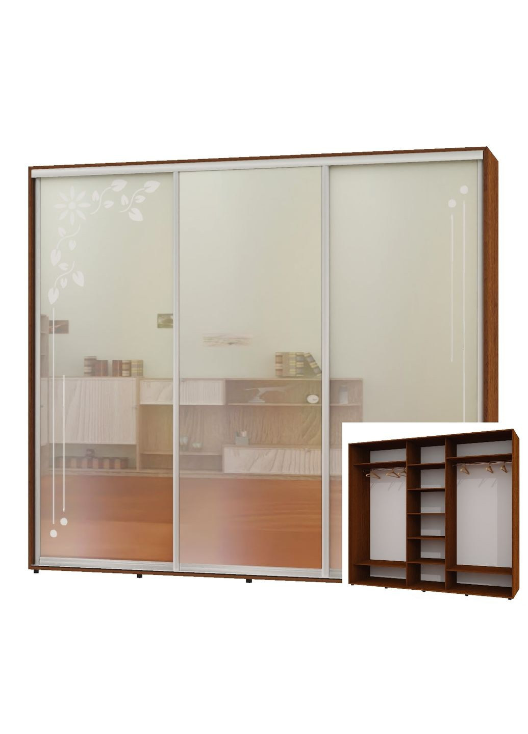 Шкаф-купе трехдверный 250*60*250 Орех лесной 2 Зеркала с пескоструйным рисунком/Зеркало ШК-04 Алекса (360451451)