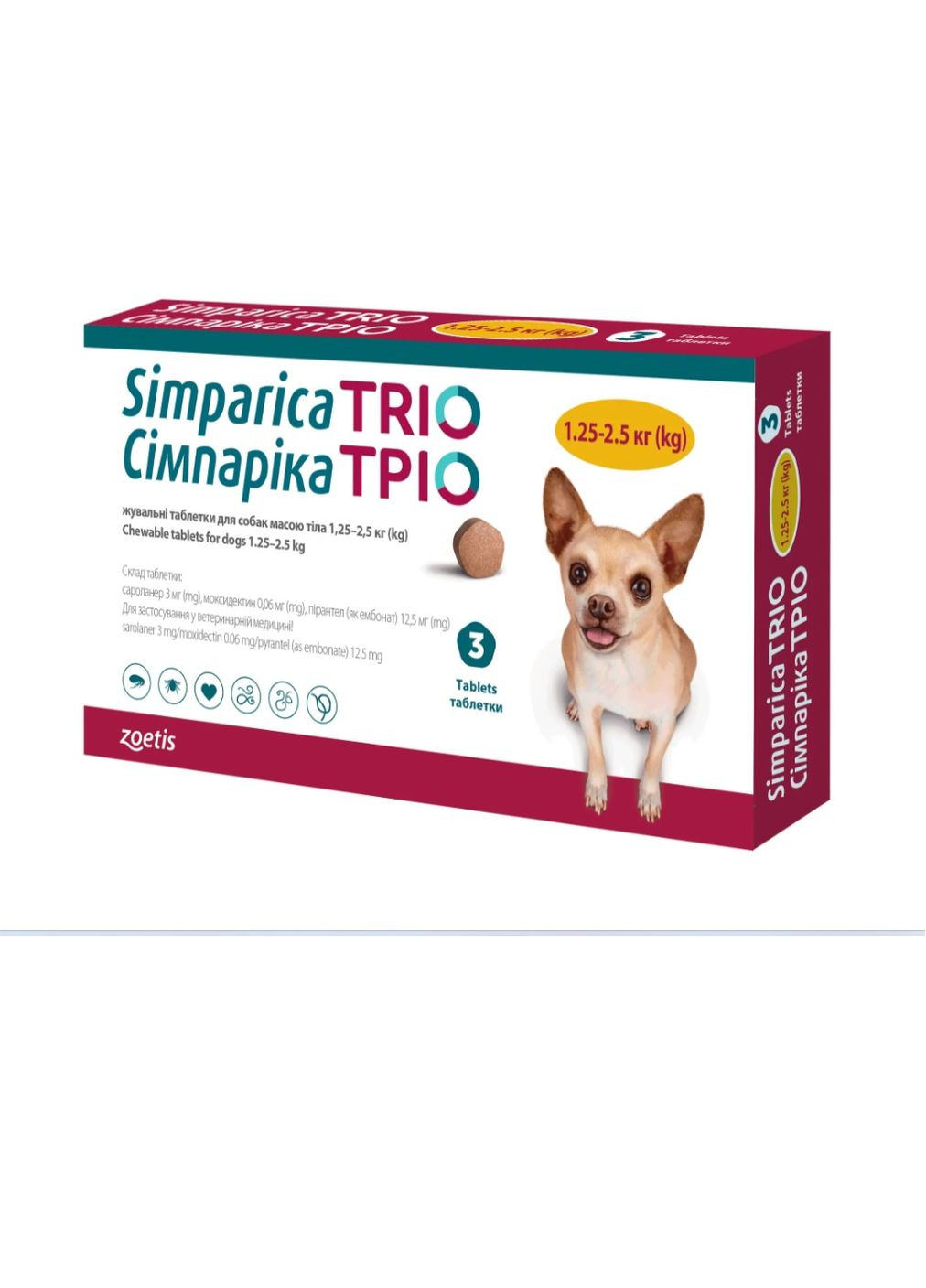 Протипаразитарні жувальні таблетки Сімпаріка ТРІО для собак вагою 1,3 – 2,5 кг від бліх, кліщів та гельмінтів (1 таблетка) Simparica (282842916)
