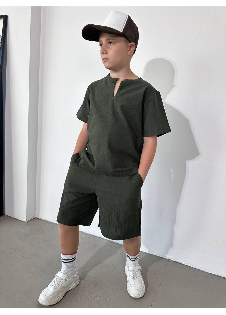 Оливковий (хакі) літній літні комплекти з натурального льону для хлопчика No Brand