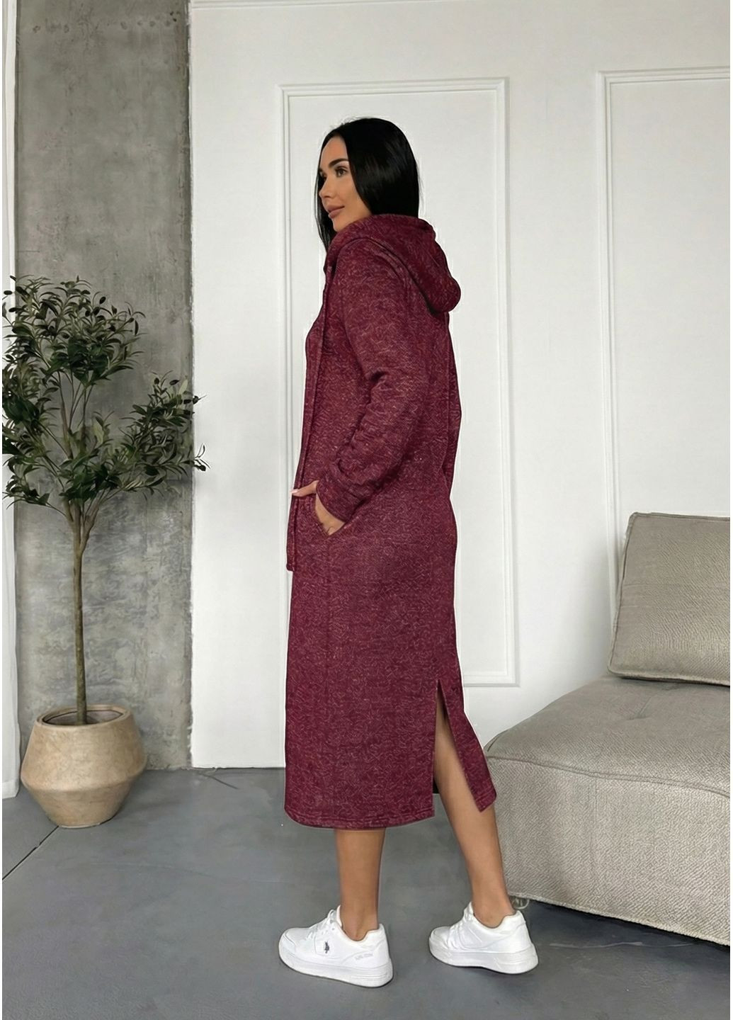 Бордова спортивна, повсякденний, джинсова, кежуал плаття-худі міді з турецької тринитки з люрексом і начосом сукня-худі INNOE меланжева