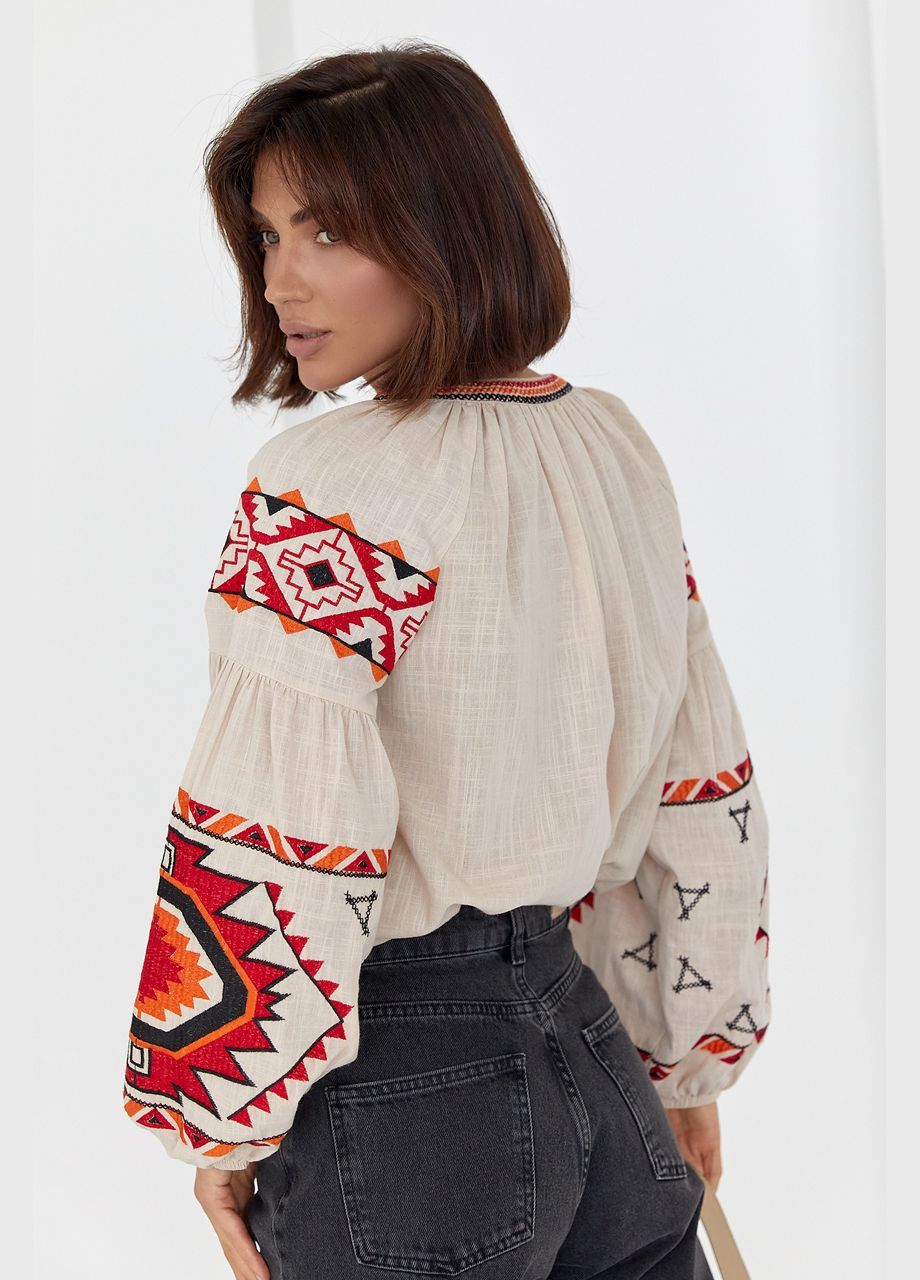 Бежевая женская вышиванка на пуговицах с геометрической вышивкой смотрю ESQ свободная, прямой (324031340)
