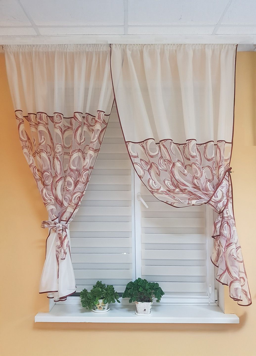 Комплект гардин до подоконника Завитки 200см молочный с терракотовым (73_2к) Firanka Venzel (364502897)