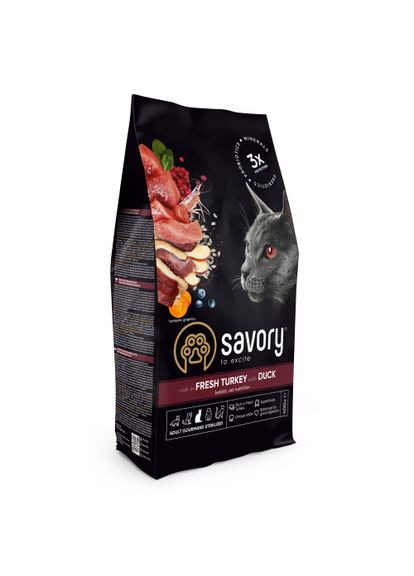 Корм сухий Adult Cat Steril Fresh Turkey and Duck для стерилізованих котів з індичкою та качкою 400 г Savory (363612827)