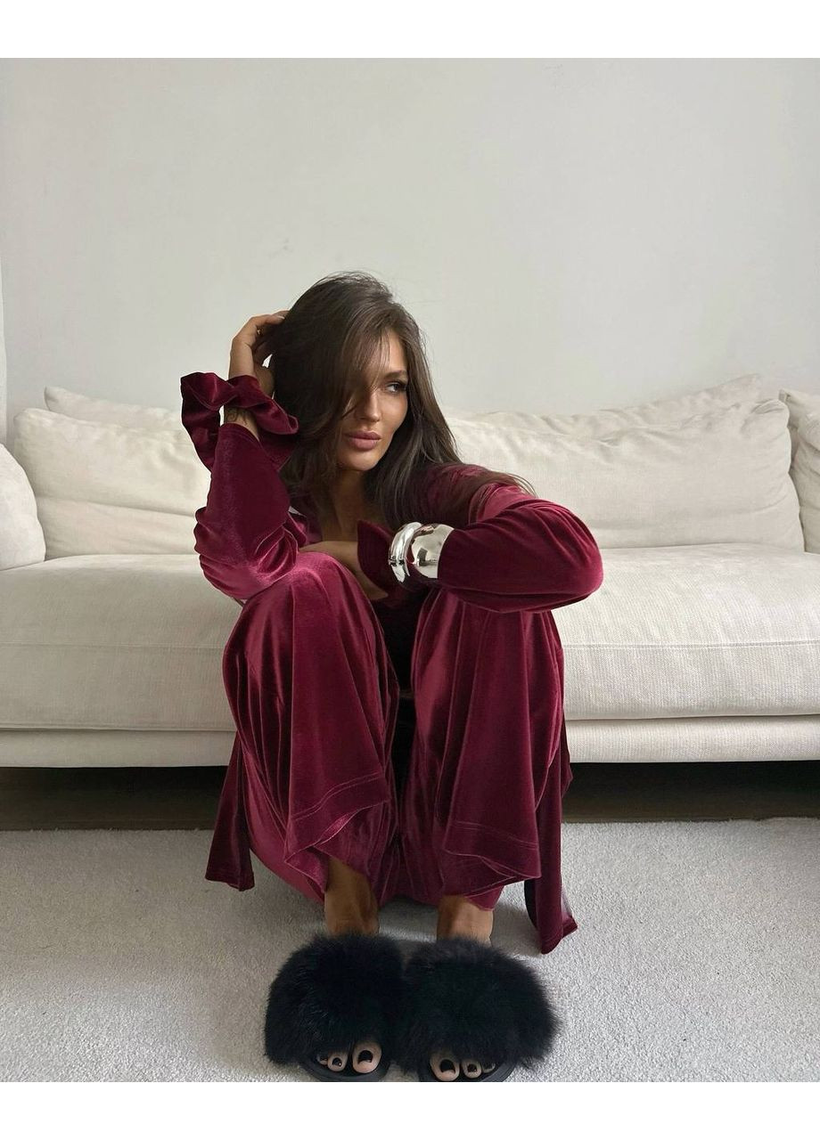 Бордовая всесезон домашний костюм тройка + резинка для волос 🤍 рубашка + топ + брюки GD/GL Модний простір