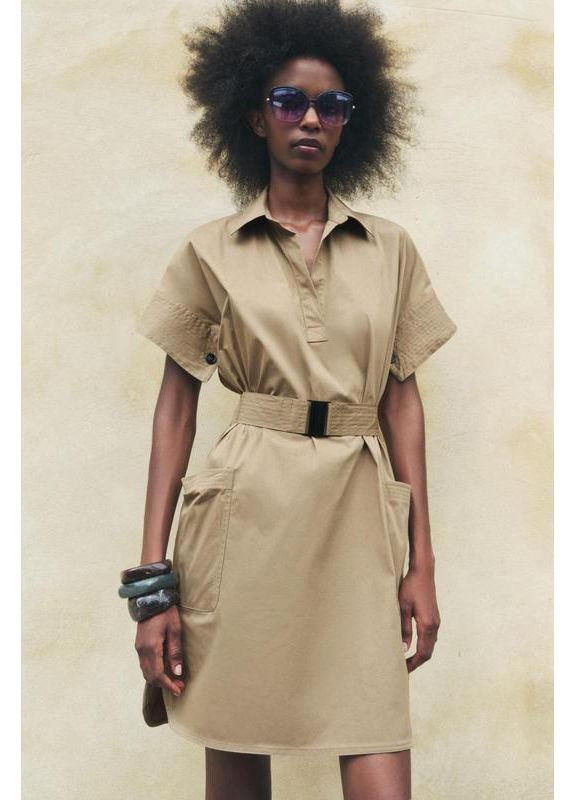 Бежевое короткое платье-рубашка с ремнём Zara