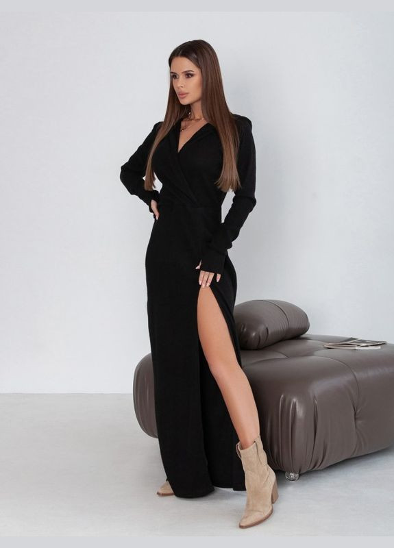 Чорна повсякденний чорна ангорова довга сукня з розрізом і капюшоном ISSA PLUS однотонна