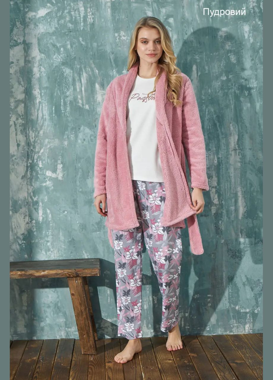 Пудрова зимня жіночий домашній костюм піжама трійка з халатом No Brand