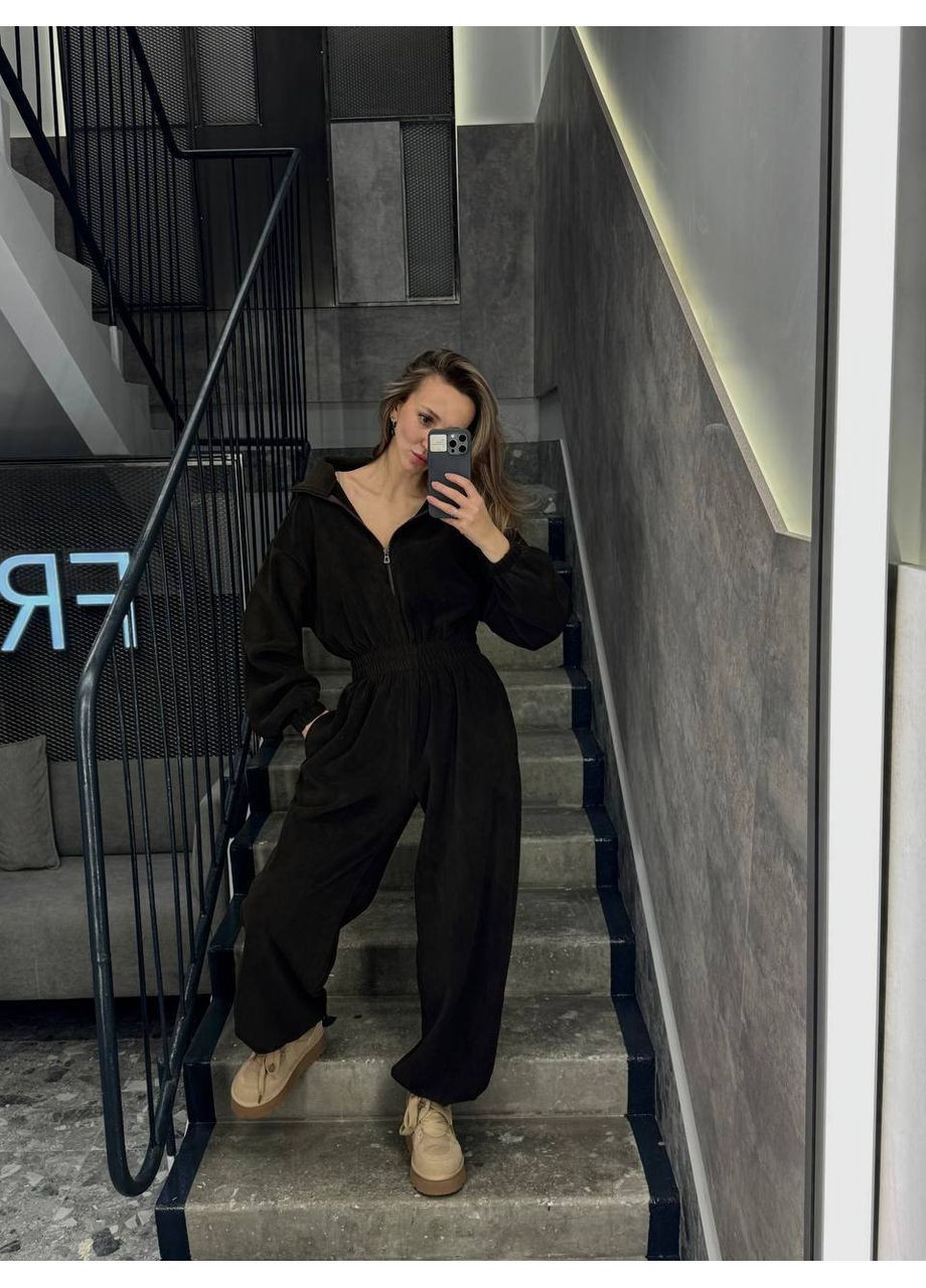 Стильный женский велюровый комбинезон оверсайз. Україна чёрный повседневный велюр