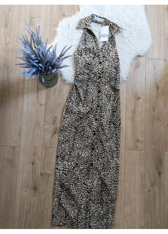 Коричнева сукня-сорочка з суміші льону з анімалістичним принтом. Zara