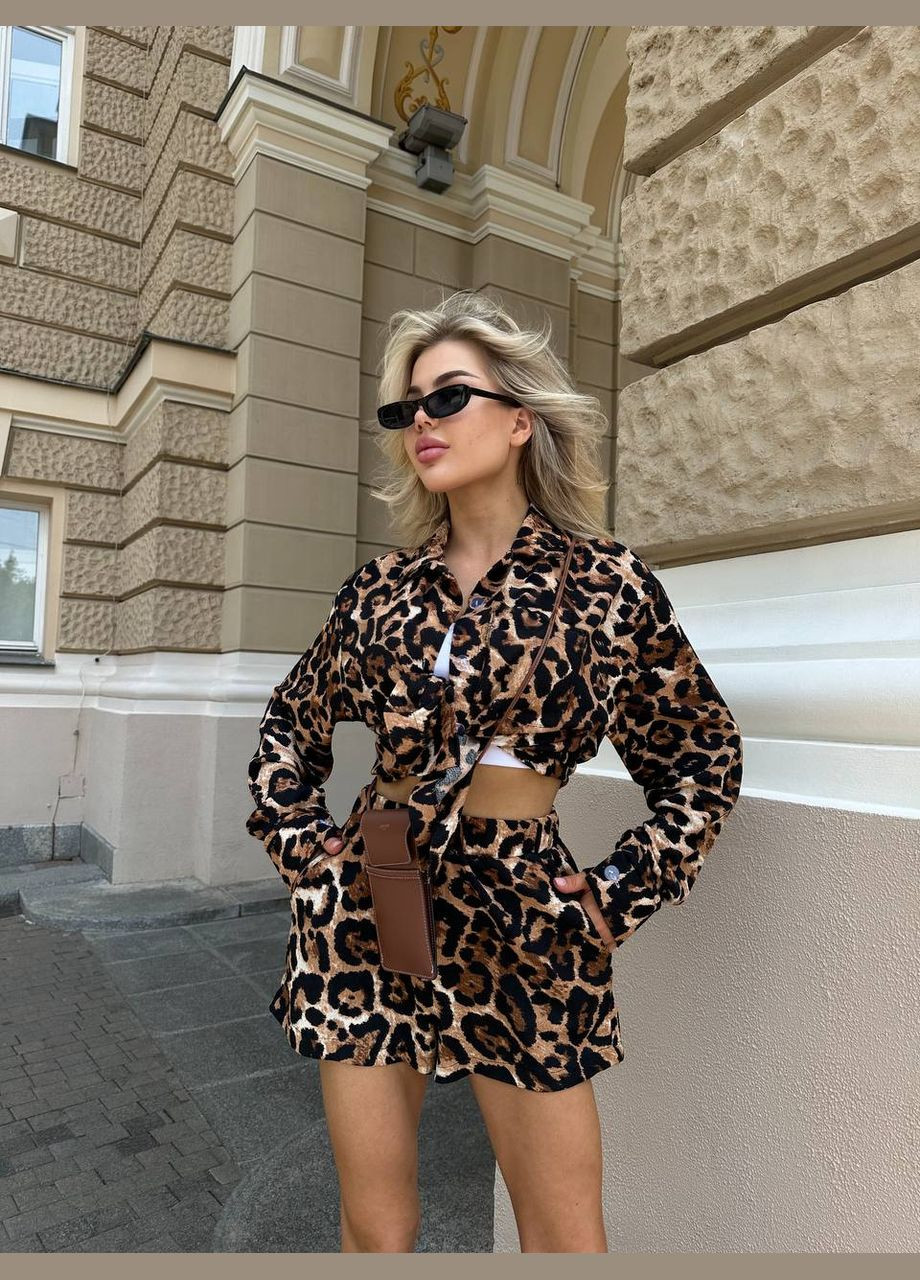 Трендовий леопардовий літній костюм трійка (сорочка+топ+шорти), якісний приємний до тіла прогулянковий костюм No Brand 576 (296916339)