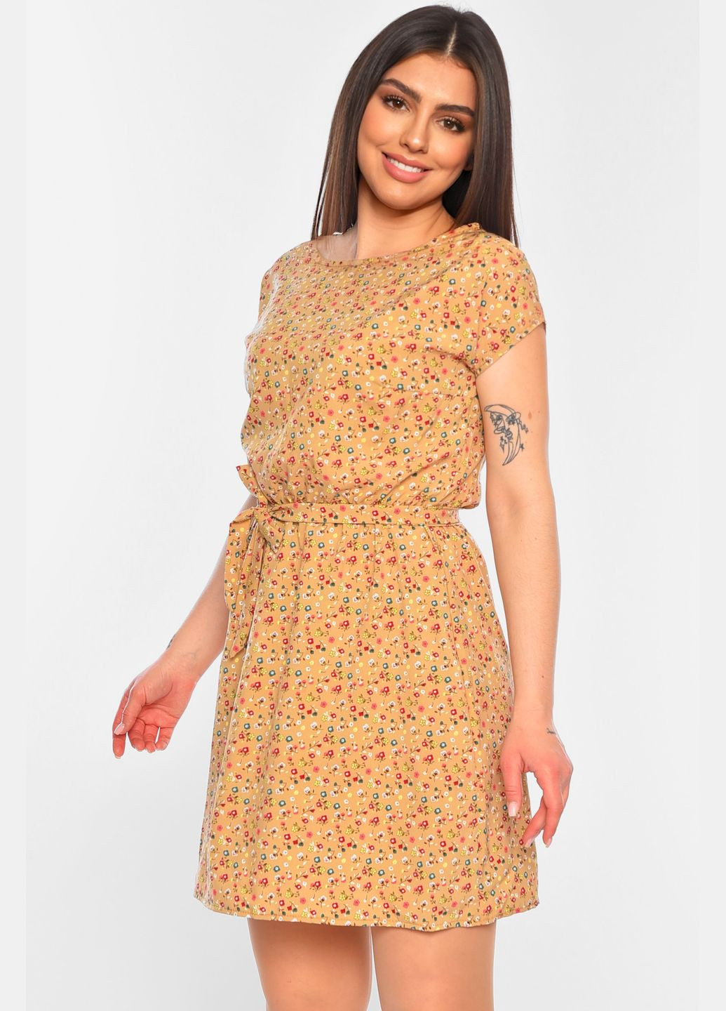 Бежевое повседневный платье женское с принтом бежевого цвета а-силуэт Let's Shop с рисунком